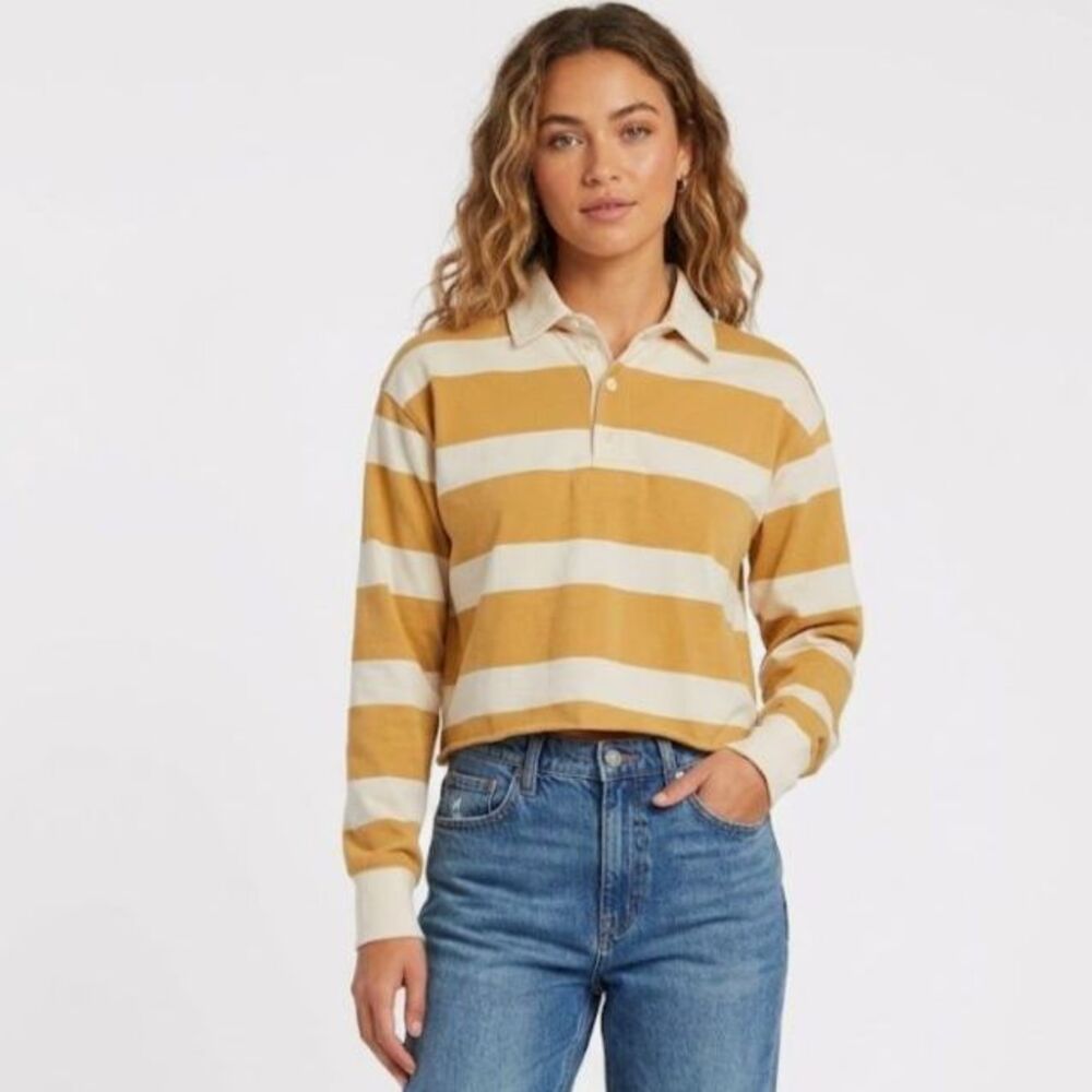 Abercrombie & Fitch Women's Gold Ivory Striped LS Cropped Rugby Shirt Size XS